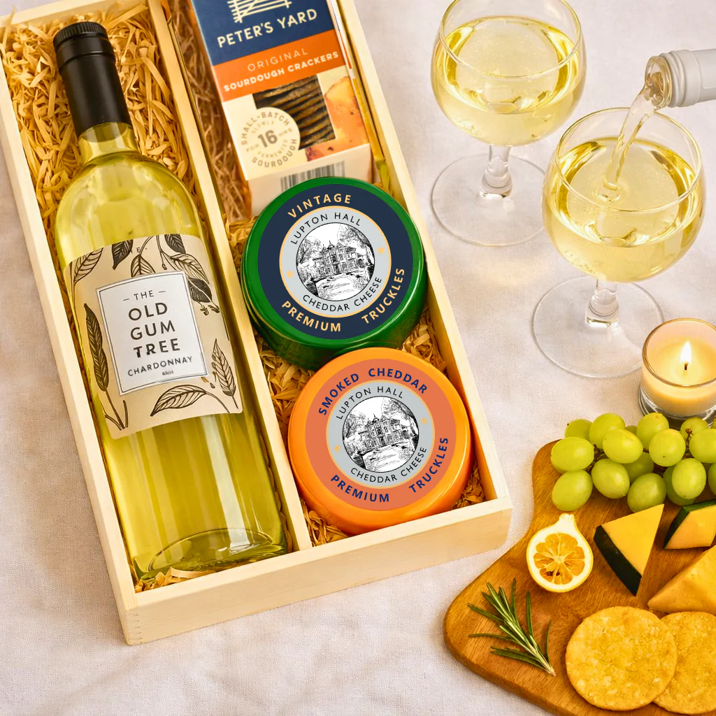 Cheese And White Wine Gift Box | Chardonnay White Wine 2 Cheese and Crackers